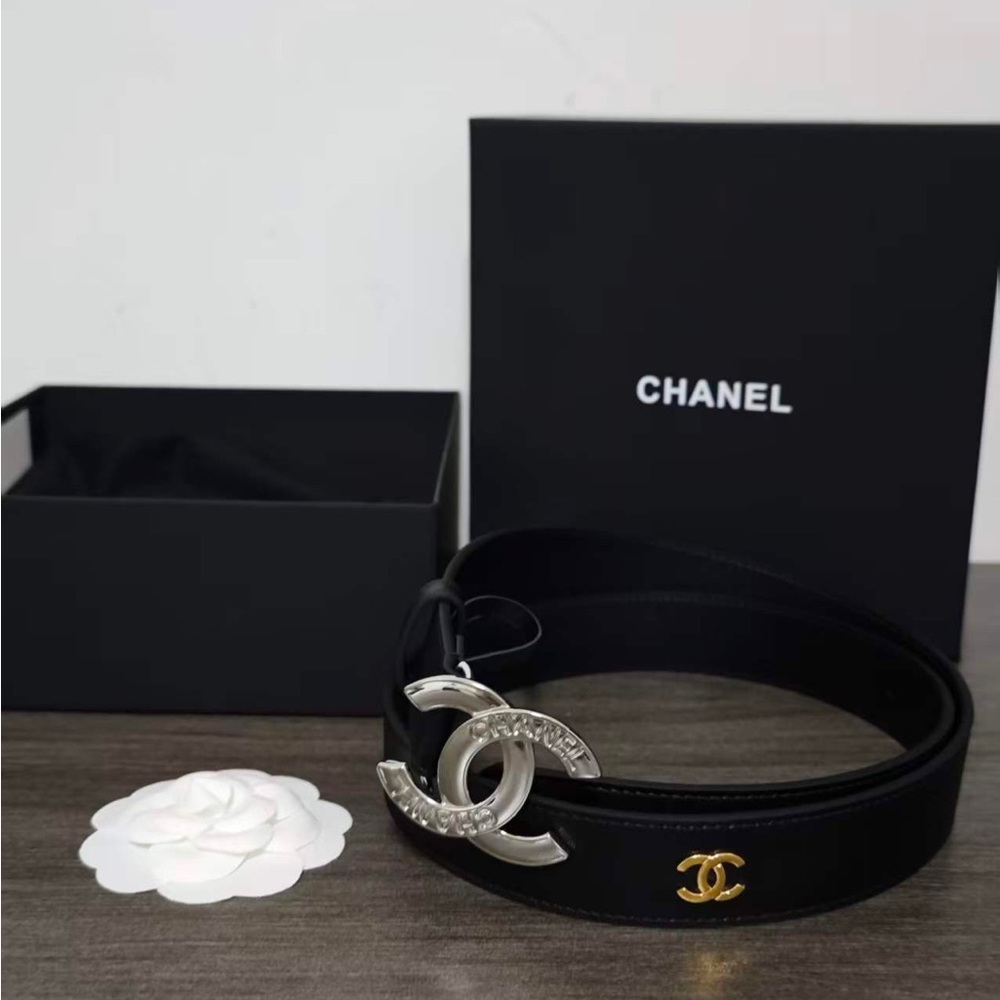 Chanel Thin Black Calfskin Belt with Gold Logo Accents